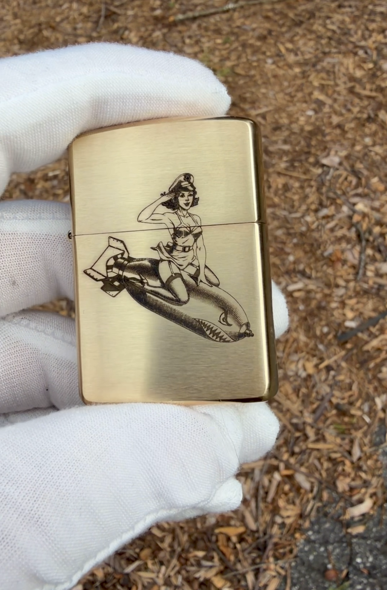 WWII Pinup Girl on Bomb Engraved Brass Armor Zippo Lighter – Made