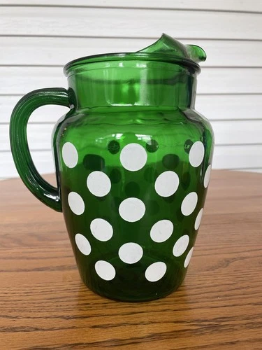 Vintage Anchor Hocking Green Glass White Polka Dot Pitcher MCM