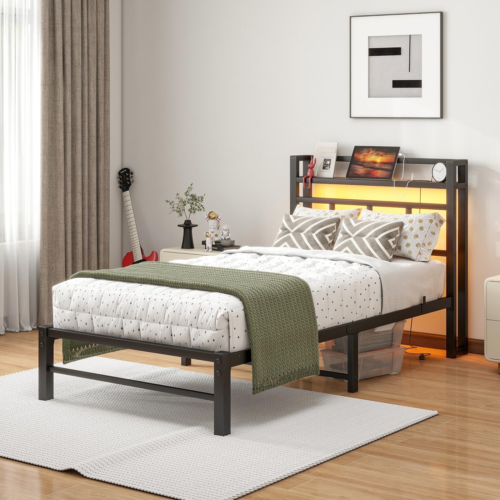 Twin Bed Frame with Headboard,Single Bed Frame with Charging Station and Ligh...