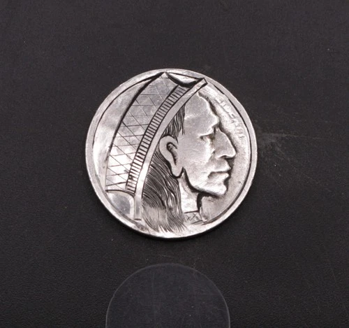 Hand‑Cut Buffalo Nickel –Patterned Hat Band -Hobo Nickel Engraving - Carved Coin