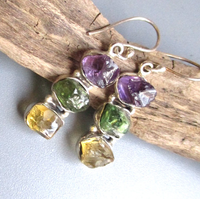 Hervorragende 925er Silber Designer Ohrhänger-Amethyst-Brocken +Apatit-Brocken