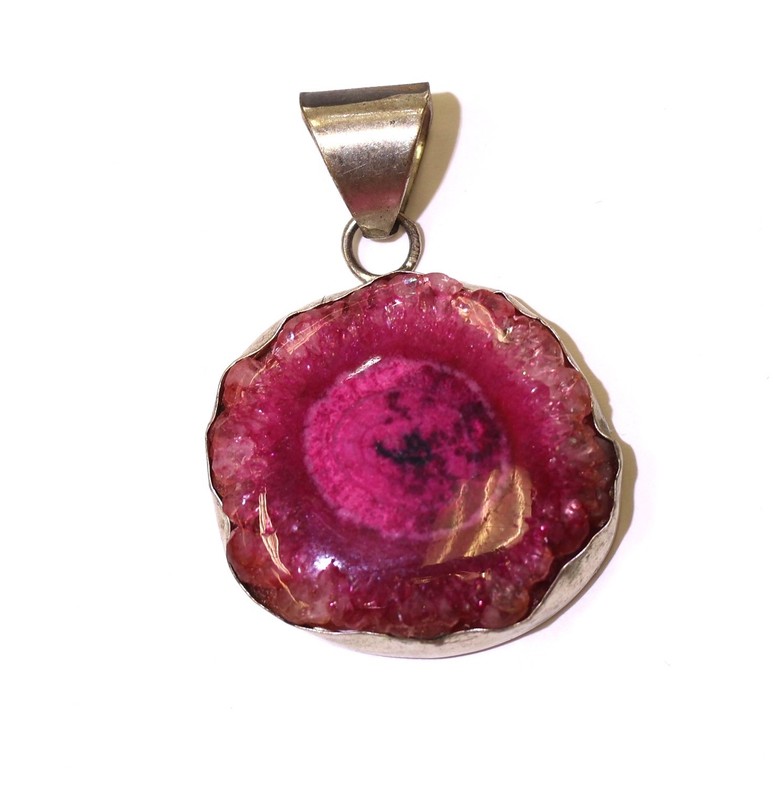 925 sterling silver Natural pink solar quartz druzy gemstone slice Pendant 14.9g