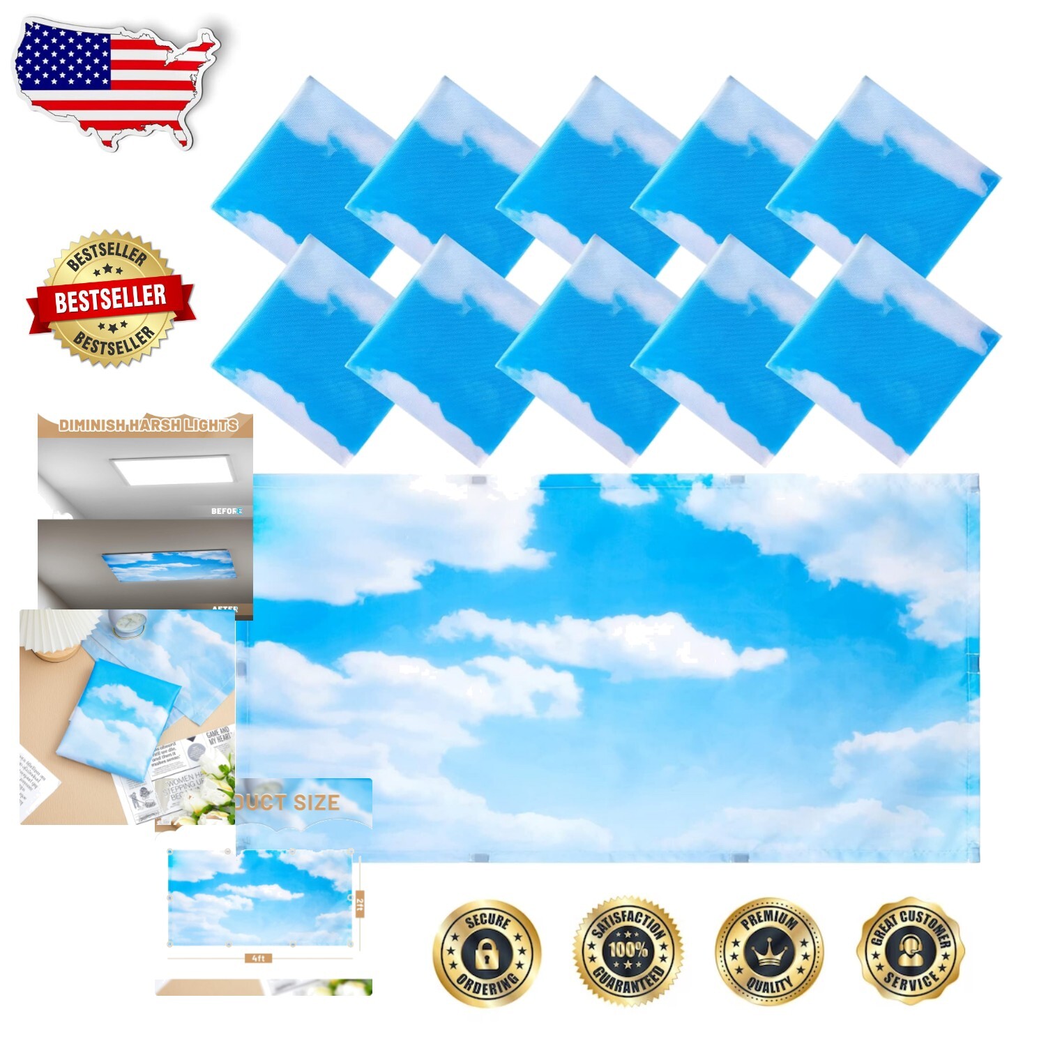 10-Pack Blue Sky and Cloud Fluorescent Light Covers - 2x4 ft Magnetic Filters-image