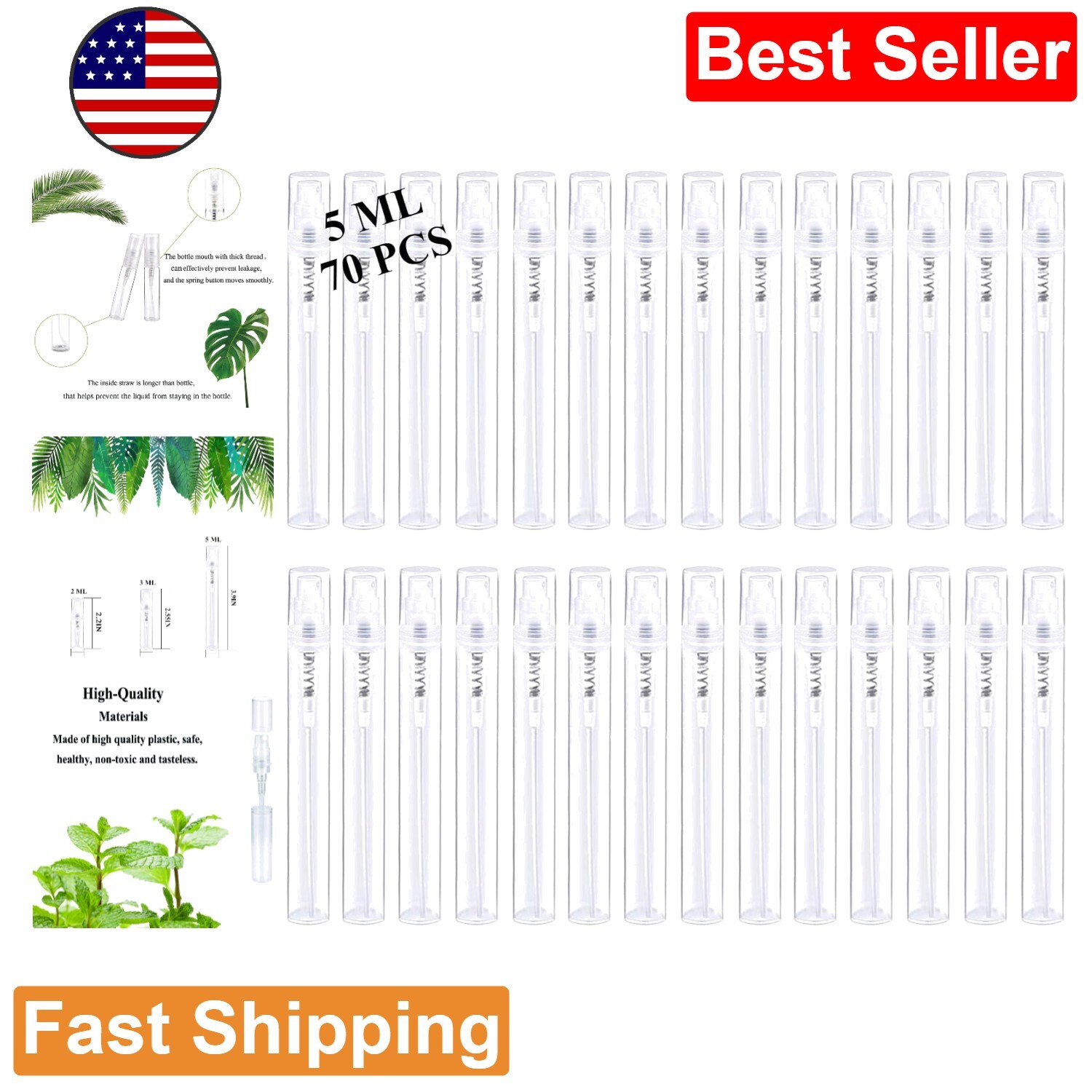 Premium Spray Bottles - 70PCS 5ML - Clear Plastic - Perfume Mouthwash Atomizer