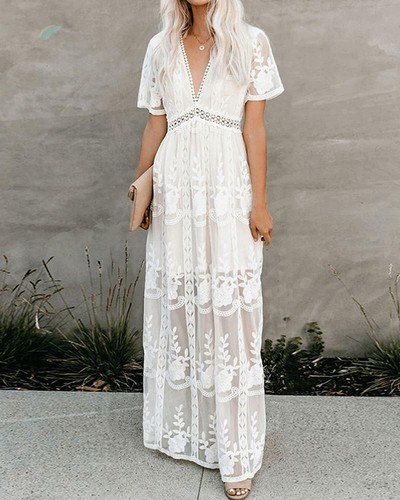 Elegante abito vestito morbido lungo stile boho bohemian bianco scollato  4912 | eBay