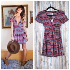 Show Me Your Mumu XS Colorful V Neck Cutout Saucey Stripe Ibiza Mini Dress Tunic