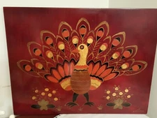 TOLEWARE Signed TURKEY Thanksgiving Wood  Handpainted Decor 15.25"X11.5"X3/8" T