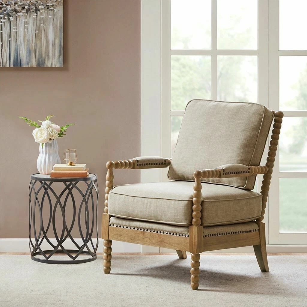 Luxury Taupe Upholstered Accent Chair Solid Wood Legs Frame eBay