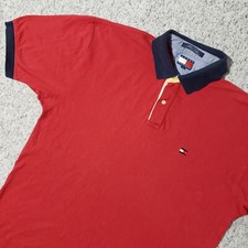 Vtg 90s Tommy Hilfiger Polo Shirt Mens L Faded Red Solid Flag Logo Short Sleeve