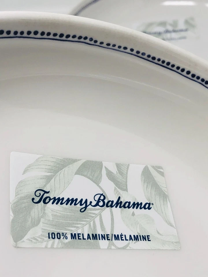 Tommy Bahama 三聚氰胺白色蓝色圆点边缘沙拉意大利面汤圆形碗 4 件套 — 第 3/4 张图片