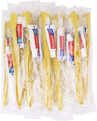 200Pk Disposable Toothbrushes W/ Toothpaste, Yellow Hollow Travel Kit Bulk