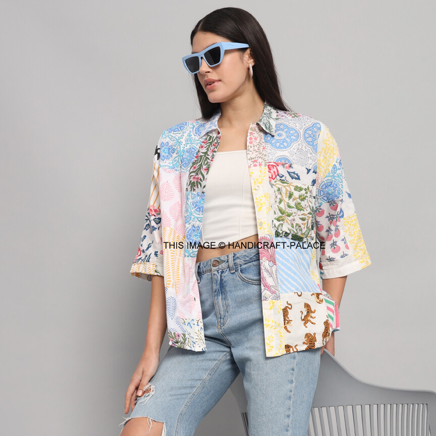Women's Indian Patchwork Cotton Oversized Shirt - Vibrant Women's Indian Patchwork Cotton Oversized Shirt - Vibrant