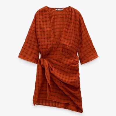 orange wrap dress zara Zara NWT The Carla Dress Orange Wrap V Neck Dress / Size XS