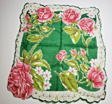 Pink Green White Floral Flower Scalloped Edge Handkerchief Boho Vintage MCM