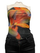ZARA Printed Bandeau Tulle-Mesh Bodysuit Bloggers Fav Black Orange Small