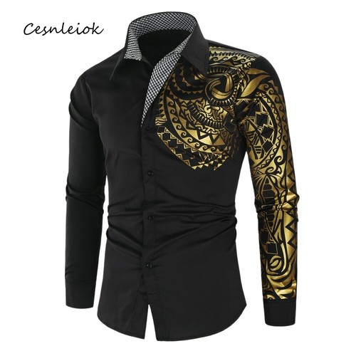 Camisa Elegante Dorada De Lujo Para Hombres Moda Masculina De Manga Larga  Fiesta | eBay