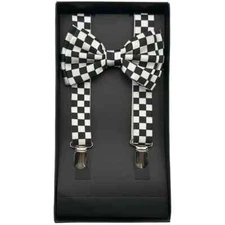 BLACK WHITE CHECKERED Adult Suspenders & Matching Bow Tie BOXED Set Wedding Prom