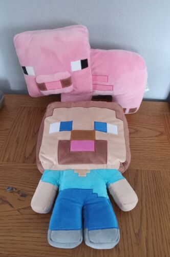 Minecraft Steve And Farm Pig Plush Pillow Buddy Mojang 16" Set VGC  - Picture 1 of 9