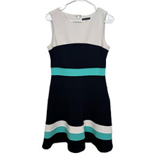 Tommy Hilfiger Dress Size 8 White Blue Colorblock A Line Fit Flare Crepe Career