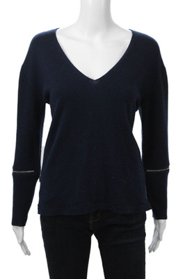 Max & Moi Womens Pullover Merino Wool V-Neck Zip Long Sleeve Dark Blue Size 34