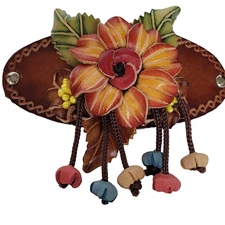 Leather Flower Barrette Hair Clip Ponytail Holder Pony Hand Crafted Handmade