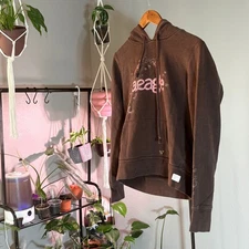 American Eagle Brown Hoodie Sweatshirt aeagle Embroidered Graphic Hearts