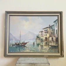Oil on Canvas Painting Venetian Harbor  German Artist Carol Sprée~36”x 29”~VTG