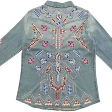 Johnny Was 3J Workshop Southwest Design Embroidered Denim Shirt Size Small Boho