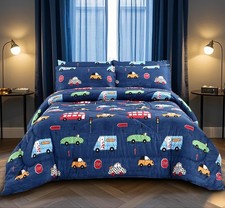 3Pcs Cartoon Car Bedding Comforter Set,Blue Cute Twin Comforter Set for Toddl...