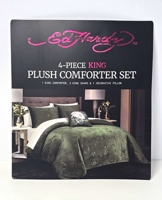 Ed Hardy King Plush Green Skull & Tiger 4-Piece Comforter Set