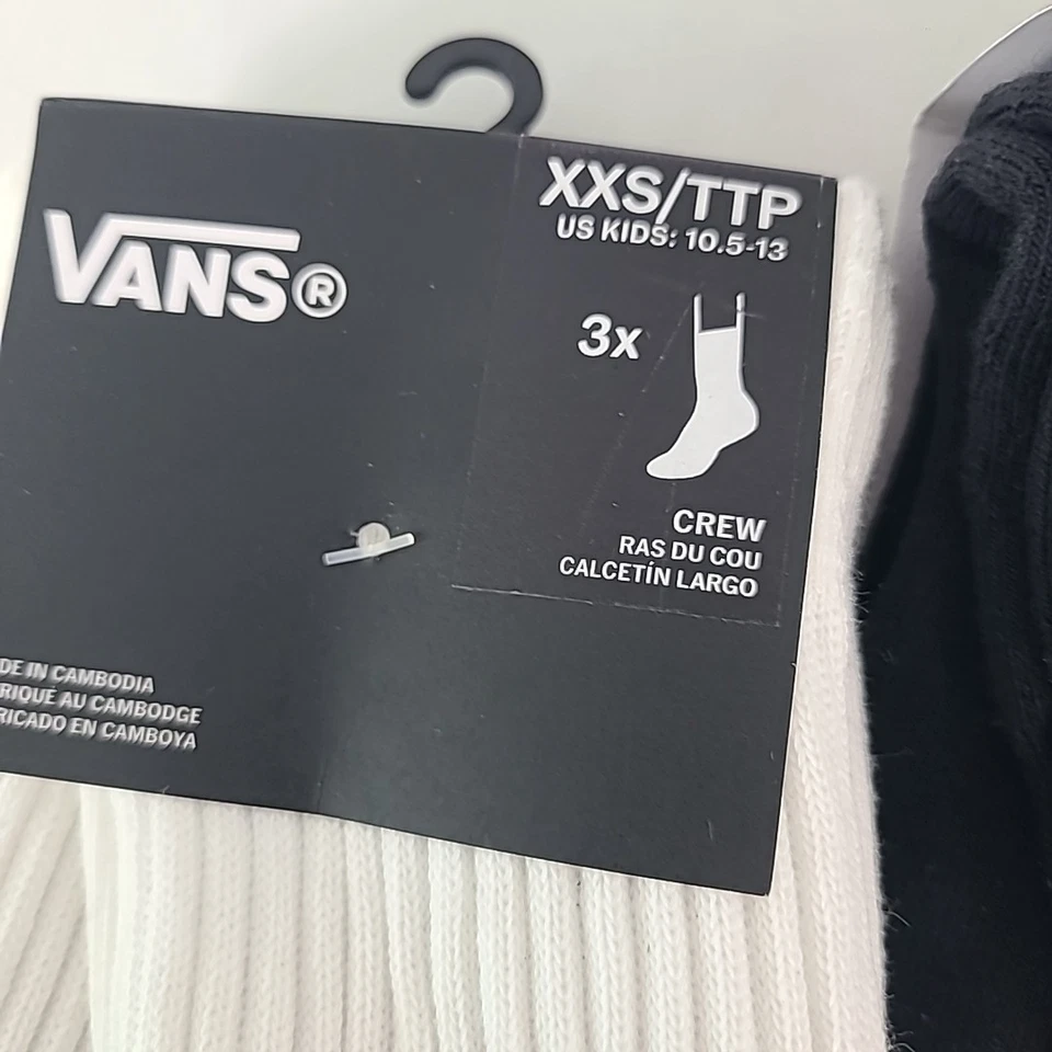 NUEVO CON ETIQUETAS Vans Niños Calcetines Clásicos Crew Paquete de DOS, 3 Blancos y Negros Talla 10.5-13 Foto 3 de 4