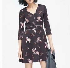 Banana Republic Womens 4 Or Small Satin Floral Fit Flare Dress Gray 3/4 Sleeves