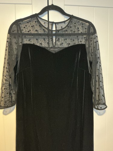 M&S Collection Black Velvet Dress Midi UK 12 US 8 Polkadot SheerGlam 3/4 Sleeves - Picture 2 of 6