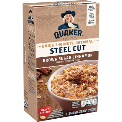 Quaker Steel Cut Quick Oatmeal, Brown Sugar Cinnamon, 13.5 oz, 48 ct