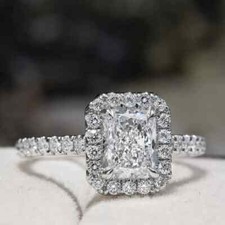 2Ct Emerald Cut Lab Created Engagement Halo Ring 14K White Gold Filled