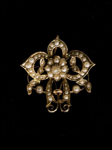 Spilla ciondolo perla in semi d'oro massiccio 9 carati Art Nouveau con catena - Foto 1 di 9