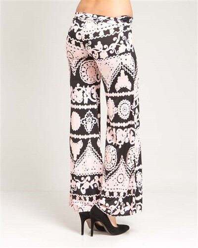 CLEARANCE Women's Black Palazzo Pants with Peach and White Tapestry Design - Picture 1 of 3