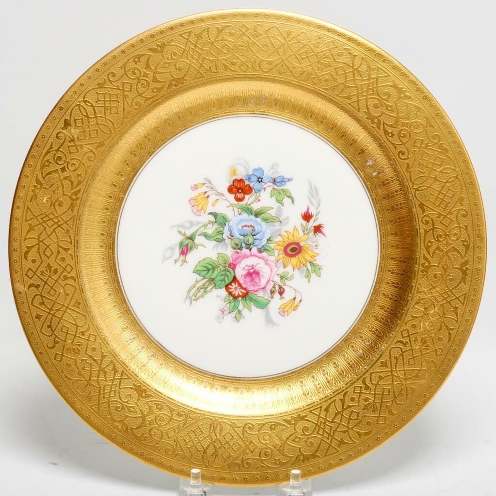 T V Limoges France Gold Encrusted Floral Porcelain La Cloche Plate