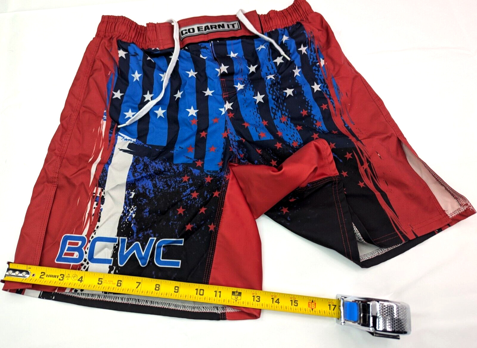 GO EARN IT BCWC Wrestling MMA Shorts, Size L (30x8) Red White Blue Patriotic