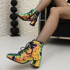 Women's Glitter Sequins Side Zipper Ankle Boots Mid Block Heels Shoes Gold US 8