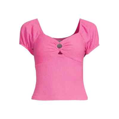No Boundaries Juniors Pucker Knit Keyhole Top Pink Thrill Small (3-5)