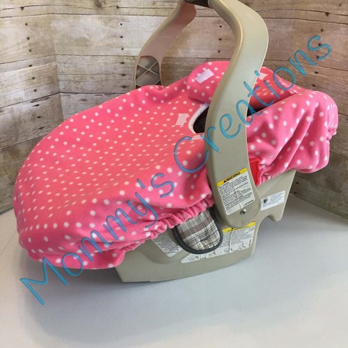 Infant Car Seat Carrier Cover New Handmade Fleece Solid Pink w/White Dots - Picture 2 of 2