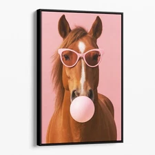 Horse With Sunglasses Blowing Pink Bubble Gum Retro Canvas Print Wall Art