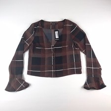 Nasty Gal Collection Satin Tie Neck Check Plaid Brown Collar Button Blouse Sz 2