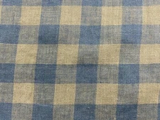 French Vintage 100%Linen Fabric Gingham Check Petrol BlueGrey Curtain Upholstery