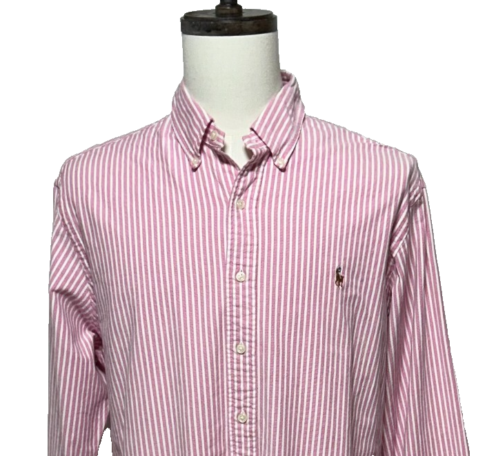 Ralph Lauren camicia uomo XXL rosa righe slim fit elasticizzata Oxford carne pony