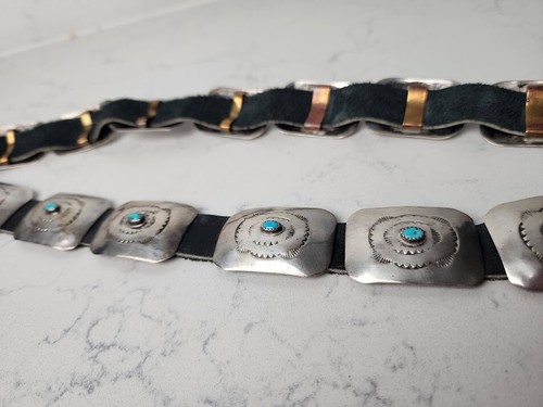 Navajo Sterling n Turquoise Belt 18 Conchos and Buckle 33" Stamped Sterling FB - Picture 5 of 14