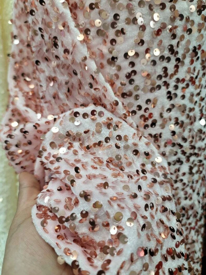 Fabric Sold By The Yard Pink Blush Stretch Velvet Embroidery Rose Gold Sequin - Image 4 of 4