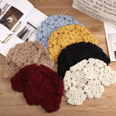 Lady Floral Crochet Hat Handmade Braided Beanie Cotton Cutout Headwear Plain