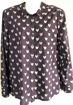 Women s Caslon Blouse Sz L (see measurements) Purple Gray Hearts Button Down B05